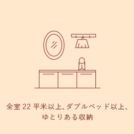 全室22平米以上、ダブルベッド以上、ゆとりある収納